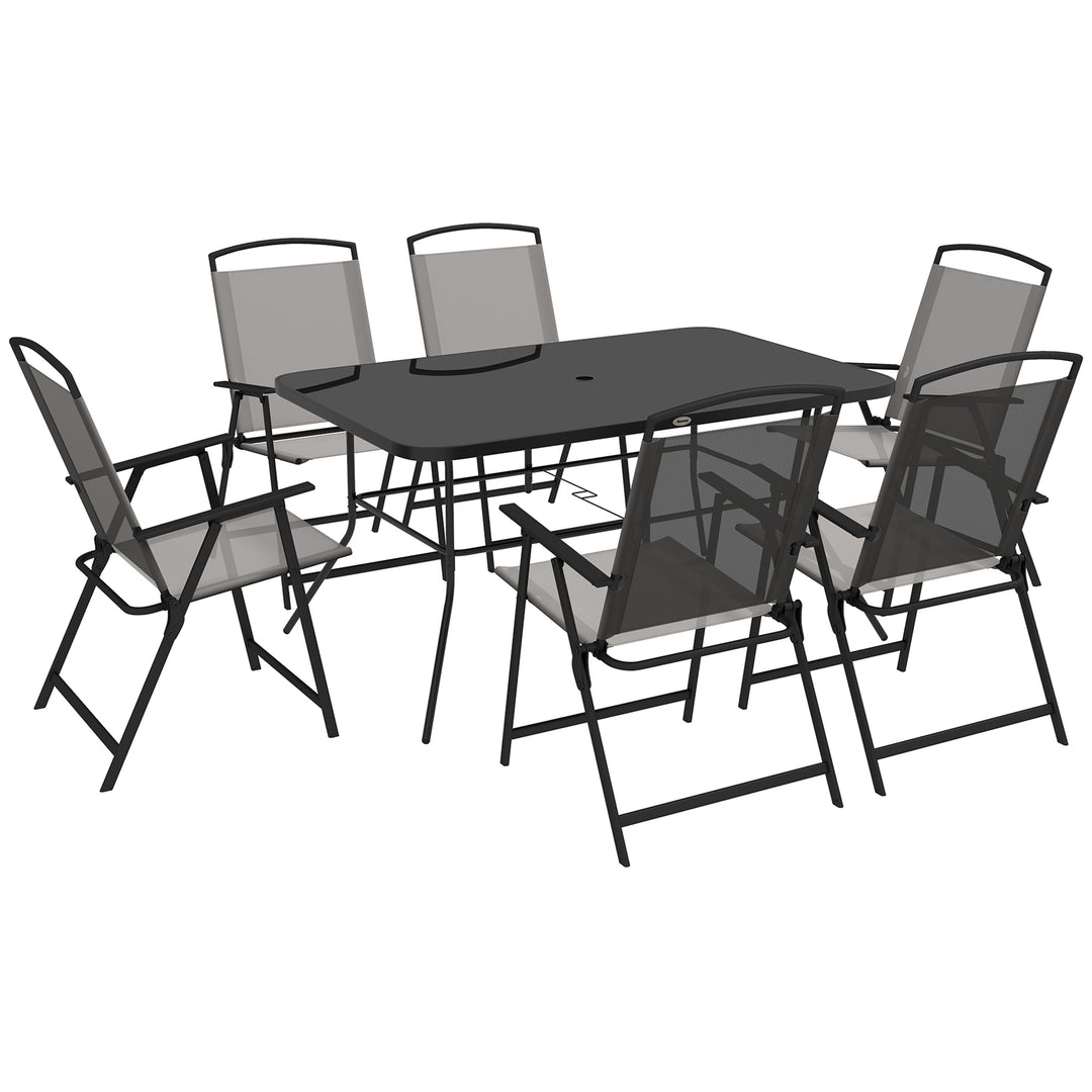 7 Piece Garden Furniture Set with Glass Dining Table and Folding Chairs, 6 Seater Outdoor Patio Furniture for Deck and Balcony, Black