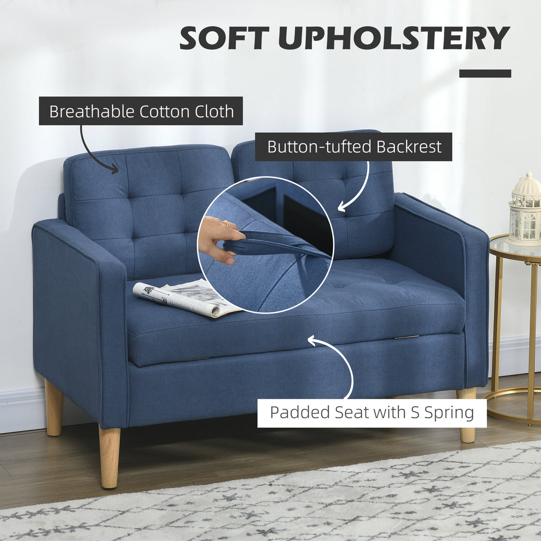 Modern Loveseat Sofa, Compact 2 Seater Sofa with Hidden Storage, 117cm Tufted Cotton Couch with Wood Legs, Blue