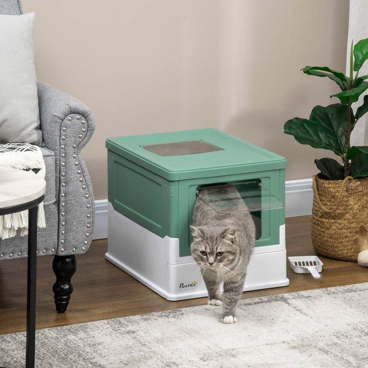 PawHut Hooded Cat Litter Box Scoop Included, Litter Tray with Front Entry Top Exit, Portable Pet Toilet with Large Space, 47.5 x 35.5 x 36.7 cm Green