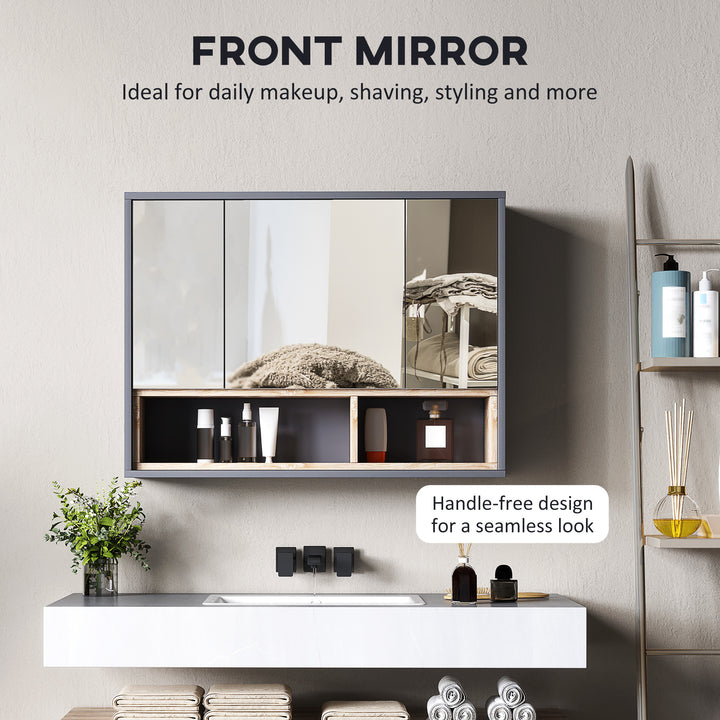 Bathroom Mirror Cabinet, Wall Mounted Bathroom Cabinet with Mirror, 3 Doors and Cupboards, Grey