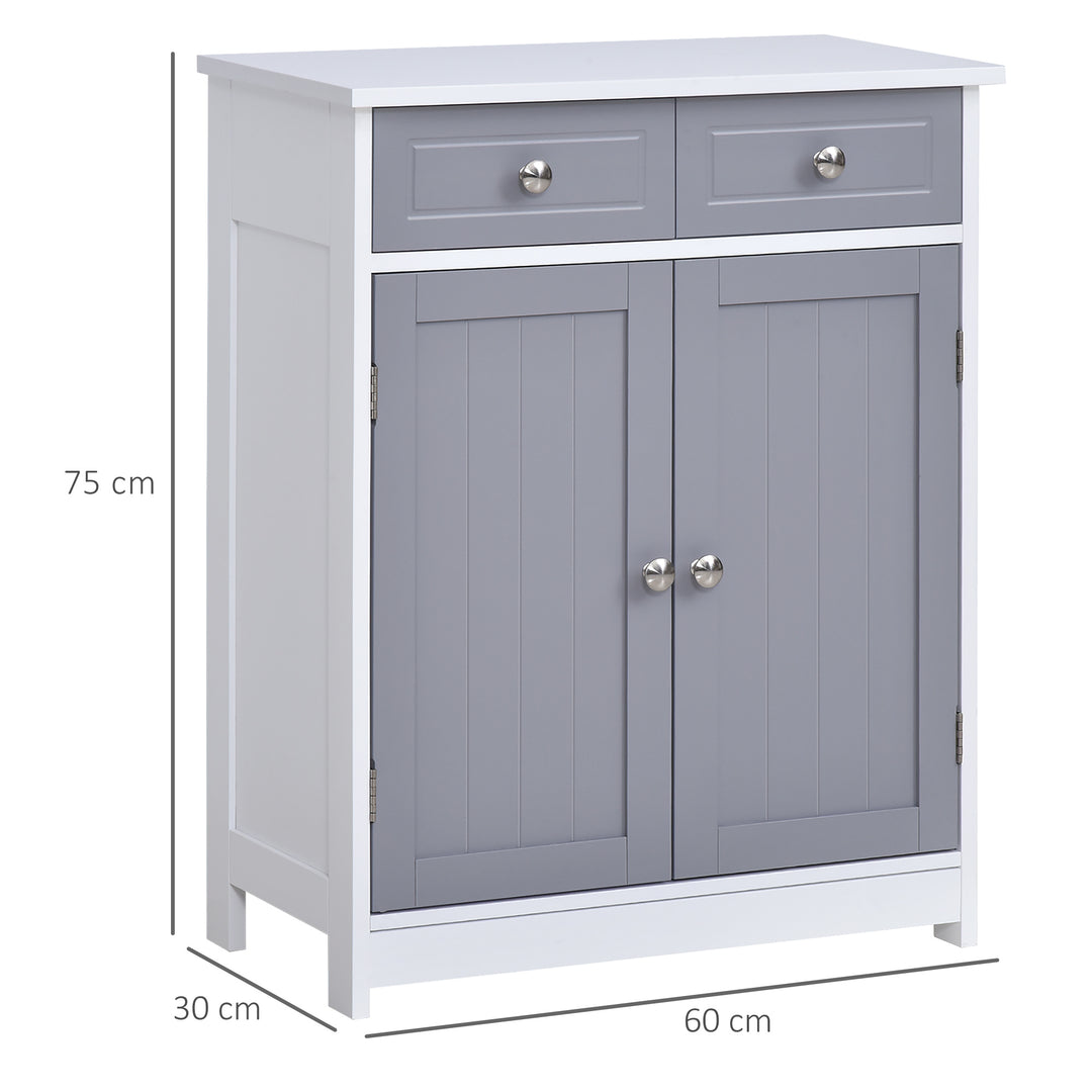 kleankin Bathroom Storage Cabinet Free-Standing Bathroom Cabinet Unit w/ 2 Drawers Cupboard Adjustable Shelf Metal Handles 75x60cm - Grey and White