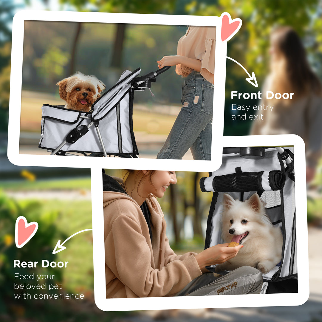 PawHut Dog Pram Pet Stroller Dog Pushchair Foldable Travel Carriage with Wheels Zipper Entry Cup Holder Storage Basket Grey