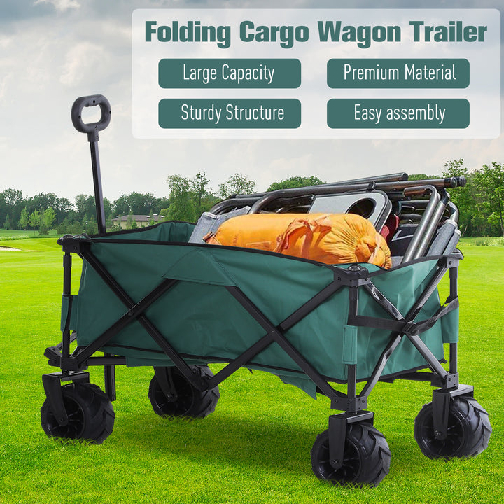 Outdoor Pull Along Cart Folding Cargo Wagon Trailer Trolley  for Beach Garden Use with Telescopic Handle, Anti-Slip Wheel - Green