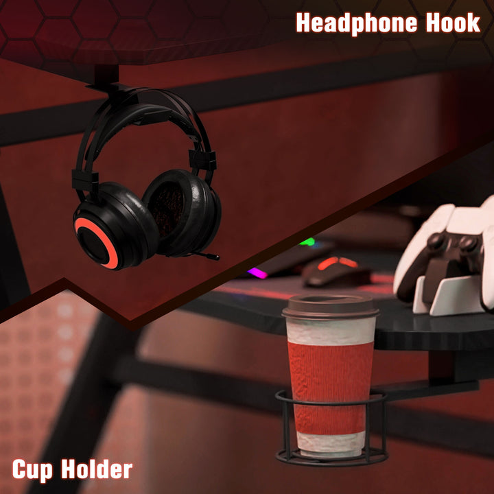 HOMCOM Gaming Desk Steel Frame with Cup Holder, Headphone Hook, Adjustable Feet and Cable Organiser, Home Office Computer Table, Black