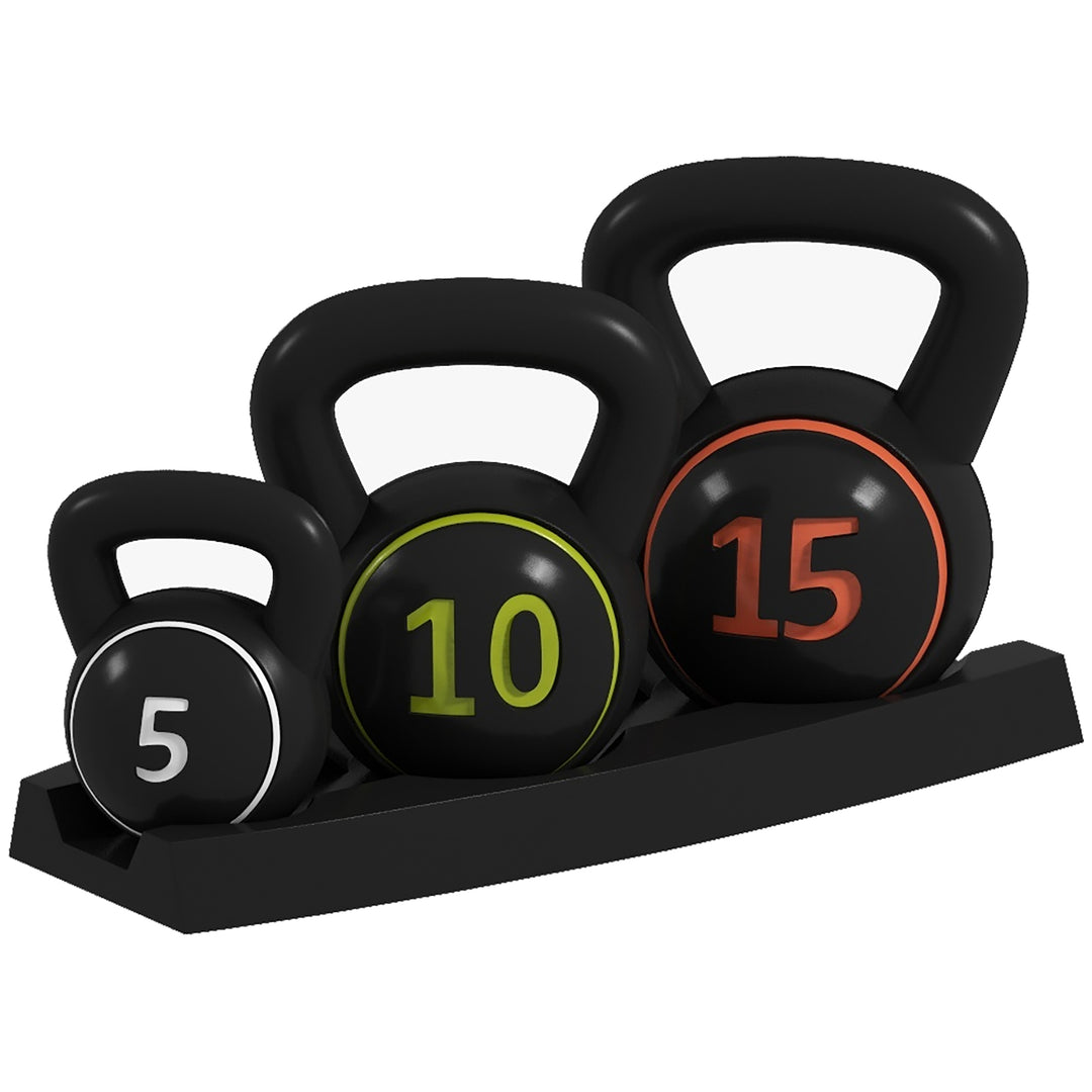 Set of 3 Kettlebell Weights with Storage Stand for Home Gym Weight Lifting Training, 5lbs, 10lbs, 15lbs