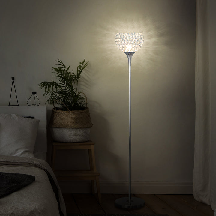 Modern Floor Lamp with K9 Crystal Lampshade, Tall Standing Lamp with E27 Bulb Base and Foot Switch for Living Room Bedroom Study Office Silver