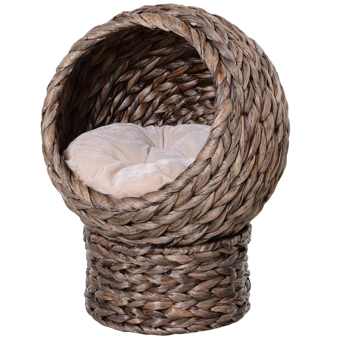 Wicker Cat Bed, Raised Rattan Cat Basket with Cylindrical Base, Soft Washable Cushion, 42 x 33 x 52cm - Brown