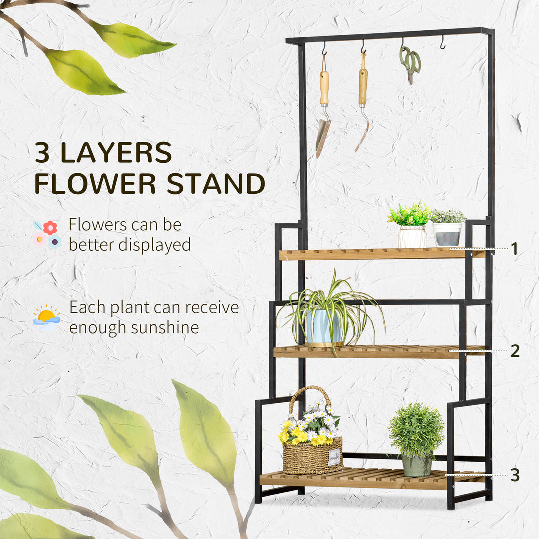 3 Tiered Plant Stand with Hanging Hooks, Flower Rack Shelf for Indoor Outdoor Porch Balcony Living Room Bedroom