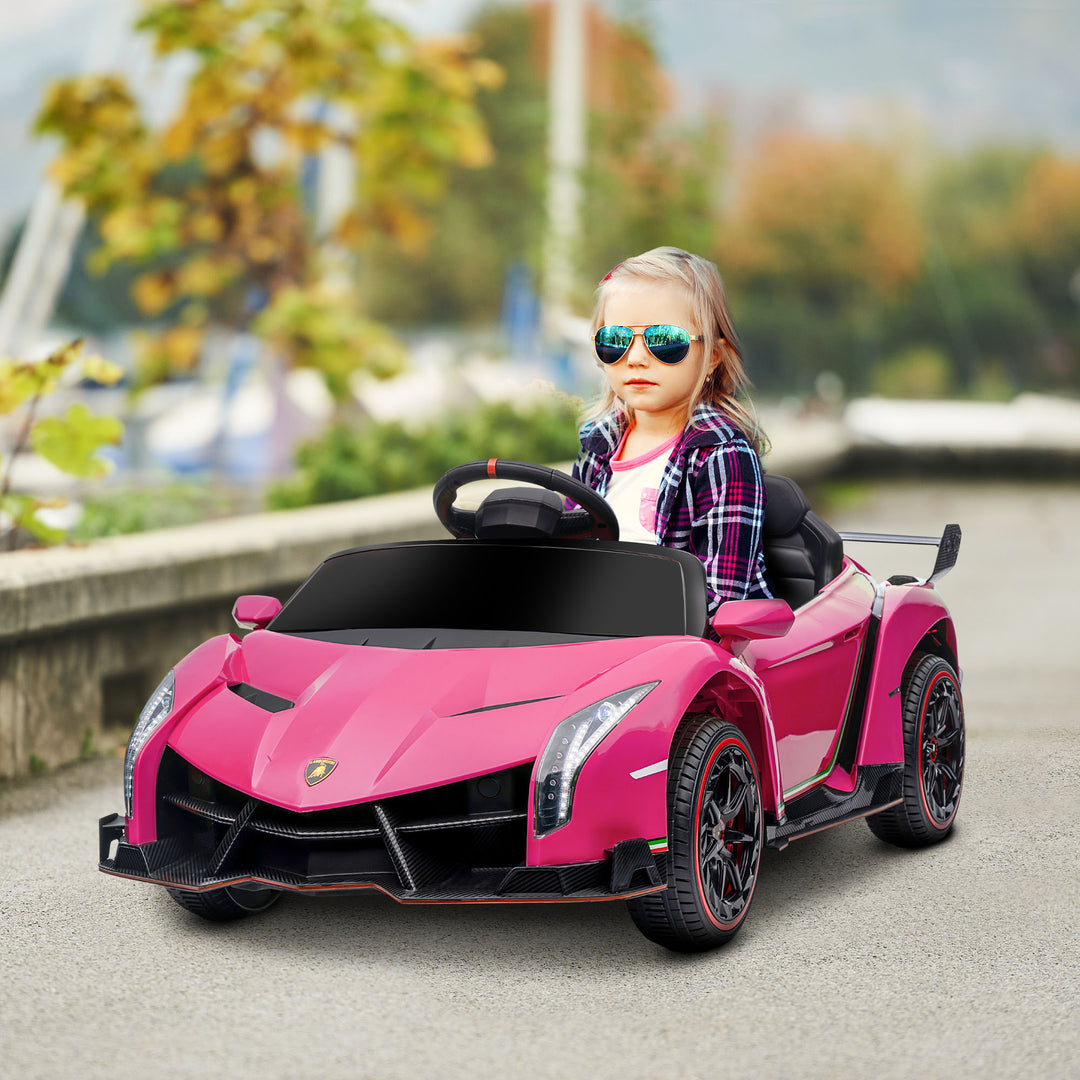 Lamborghini Veneno Licensed 12V Kids Electric Ride on Car with Butterfly Doors, Portable Battery, Powered Electric Car with Bluetooth, Remote, Music, Horn, Suspension, for 3-6 Years - Pink