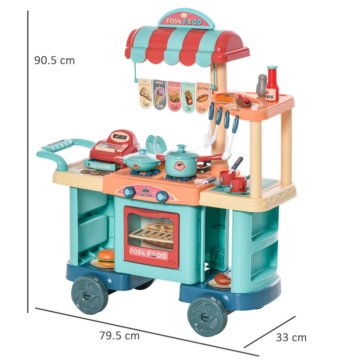 HOMCOM 50 Pcs Kids Kitchen Play set Fast Food Trolley Cart Pretend Playset Toys with Play Food Money Cash Register Accessories Gift for Kids Age 3-6