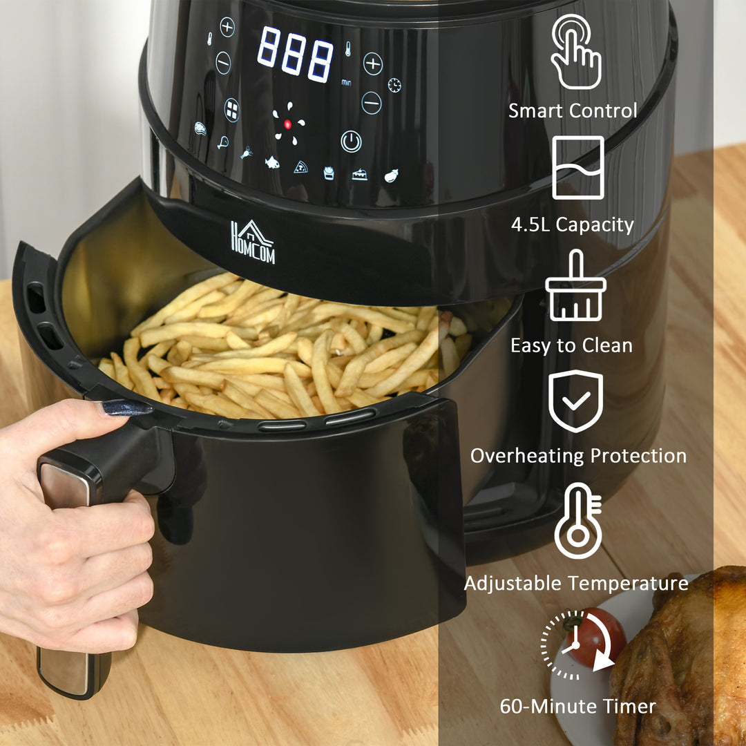 HOMCOM 4.5L Digital Air Fryer, 1500W W/ Digital Display, Rapid Air Circulation, Adjustable Temperature, Timer and Nonstick Basket, Black