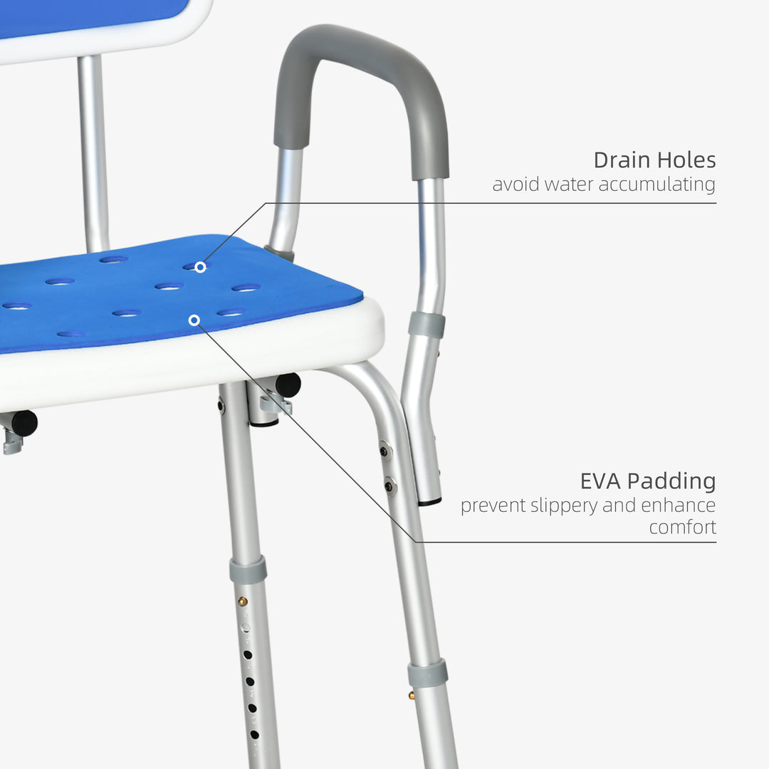 EVA Padded Shower Chair for the Elderly and Disabled, Height Adjustable Shower Stool with Back and Arms, 4 Suction Foot Pads, Blue