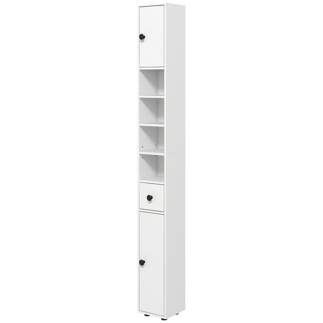 180cm Tall Slim Bathroom Cabinet, Narrow Toilet Roll Storage w/ Open Shelves, 2 Door Cabinets, Adjustable Shelves, for Kitchen, White