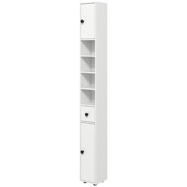 180cm Tall Slim Bathroom Cabinet, Narrow Toilet Roll Storage w/ Open Shelves, 2 Door Cabinets, Adjustable Shelves, for Kitchen, White