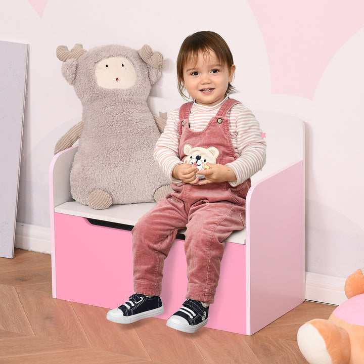 Kids Wooden Toy Storage Chest Chair 2 in 1 Design with Gas Stay Bar Safety Hinges Lid 60 x 30 x 50cm Pink