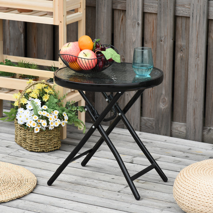 Foldable Garden Table, Round Folding Table with Glass Tabletop and Safety Buckle for Patio, Garden, Outdoor, Indoor, Black