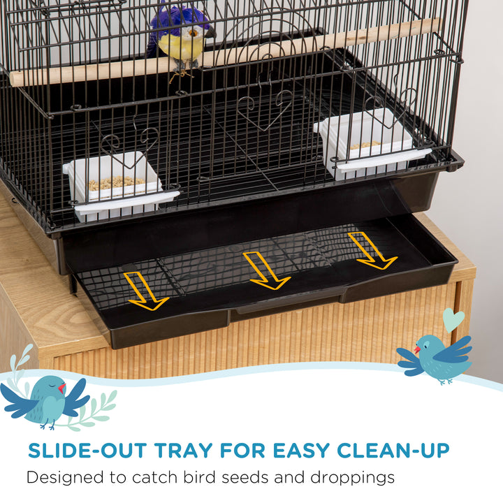 Metal Bird Cage with Plastic Swing Perch Food Container Tray Handle for Finch Canary Budgie 50.5 x 40 x 63cm Black