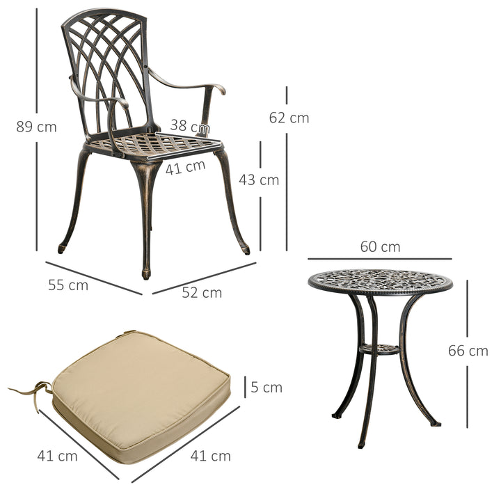 Outsunny 3 Piece Cast Aluminium Garden Bistro Set for 2 with Parasol Hole, Outdoor Coffee Table Set with Cushions - Bronze