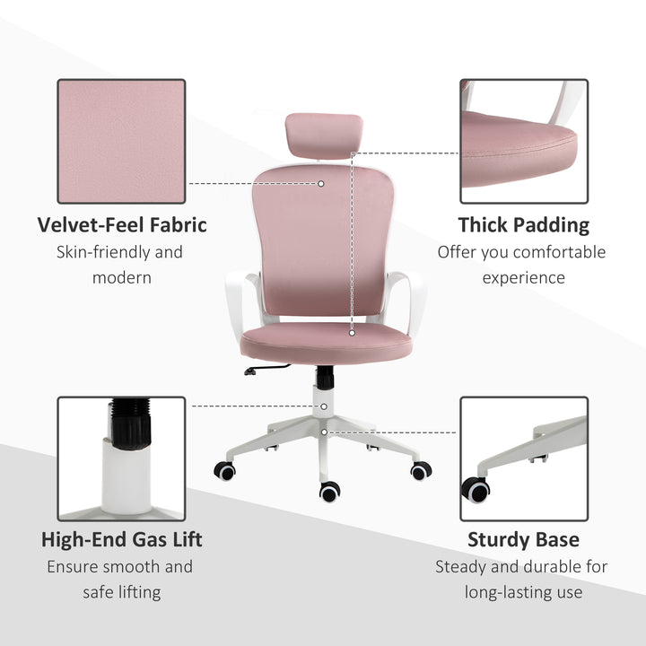 Vinsetto High-Back Office Chair Velvet Style Fabric Computer Home Rocking with Wheels, Rotatable Liftable Headrest, Pink