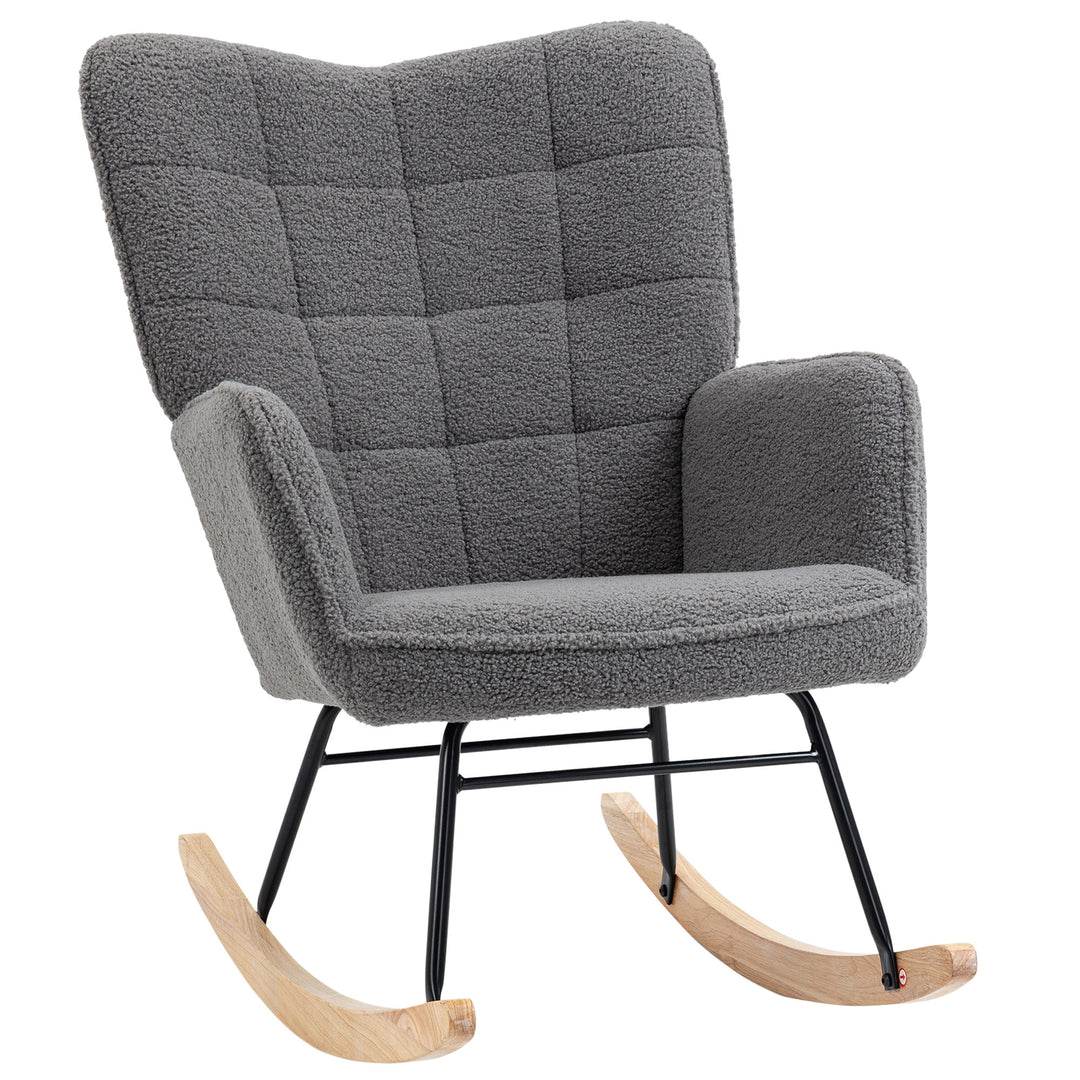 Wingback Rocking Chair for Nursing, Berber Fleece Nursery Glider Rocker, Modern Armchair for Living Room, Dark Grey