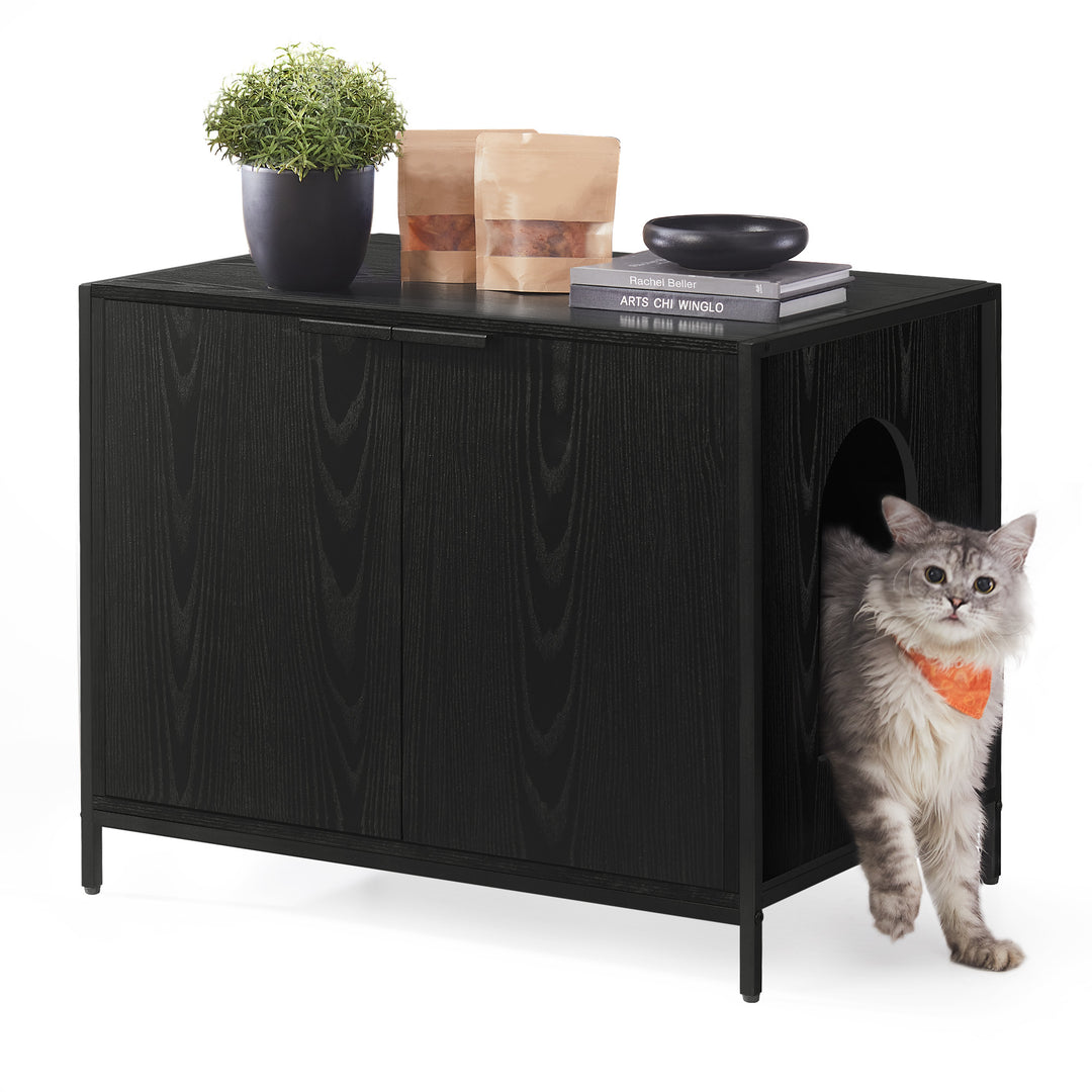 Litter Box Enclosure, Modern Cat Litter Box Furniture Hidden, Ebony Black