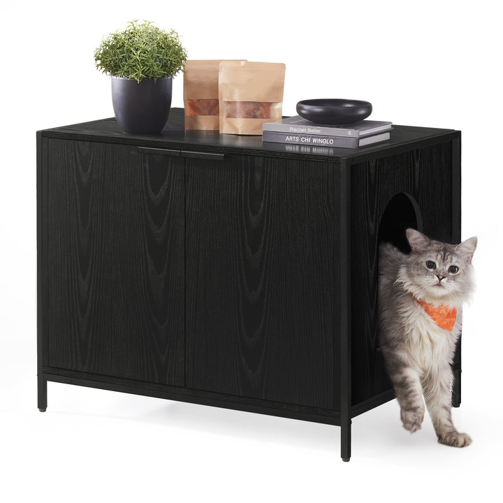 Litter Box Enclosure, Modern Cat Litter Box Furniture Hidden, Ebony Black