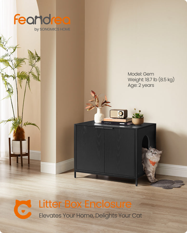 Litter Box Enclosure, Modern Cat Litter Box Furniture Hidden, Ebony Black