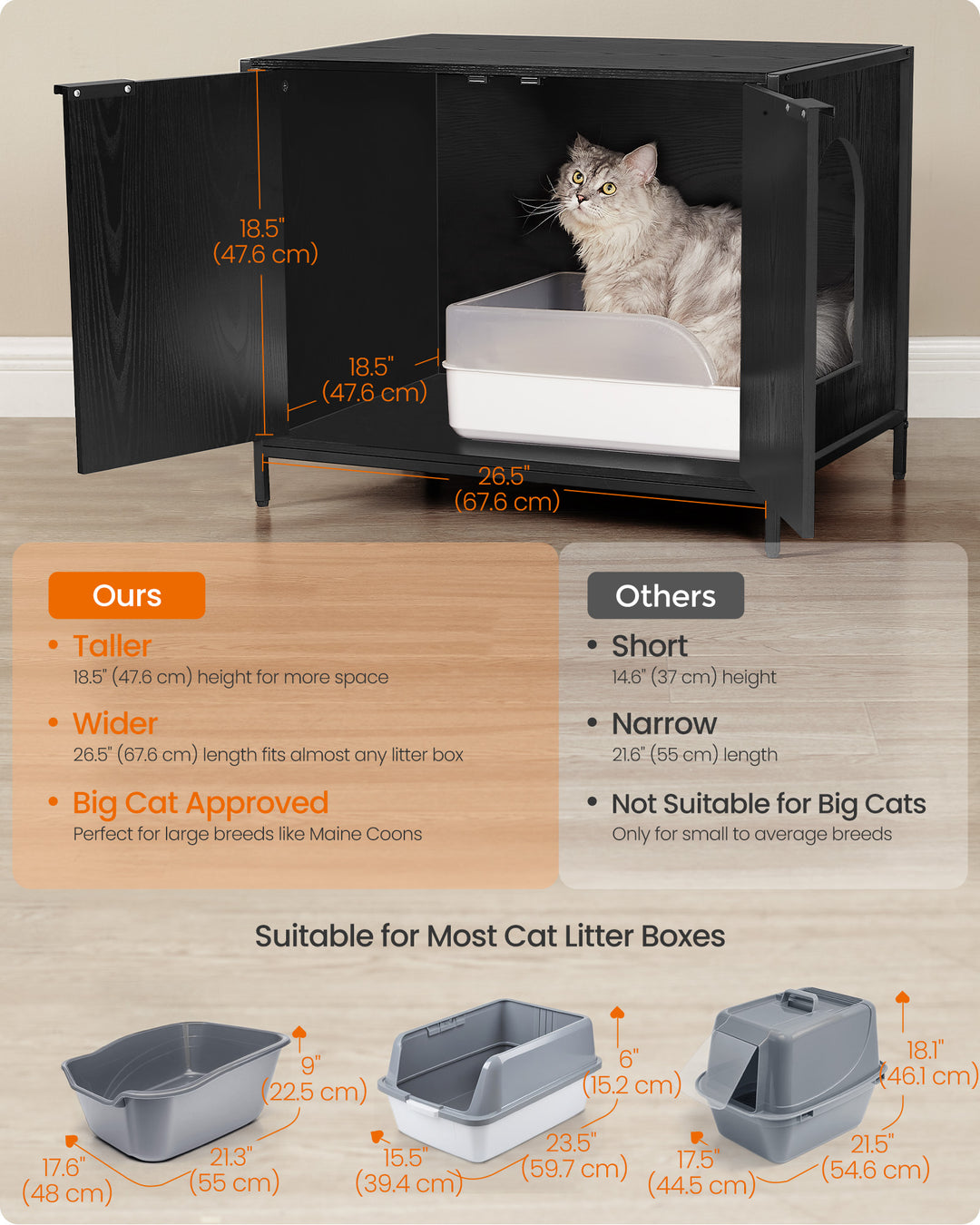 Litter Box Enclosure, Modern Cat Litter Box Furniture Hidden, Ebony Black