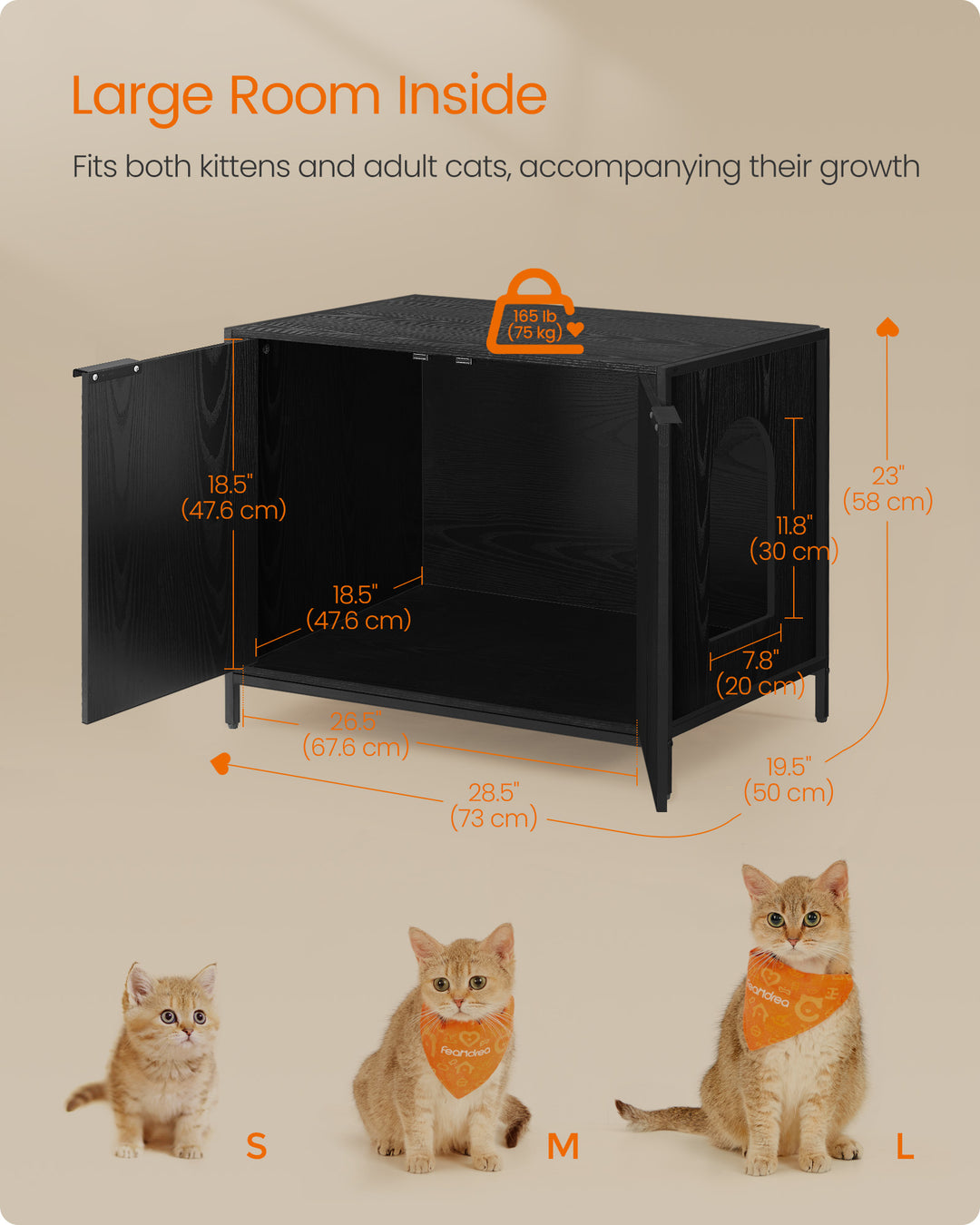 Litter Box Enclosure, Modern Cat Litter Box Furniture Hidden, Ebony Black