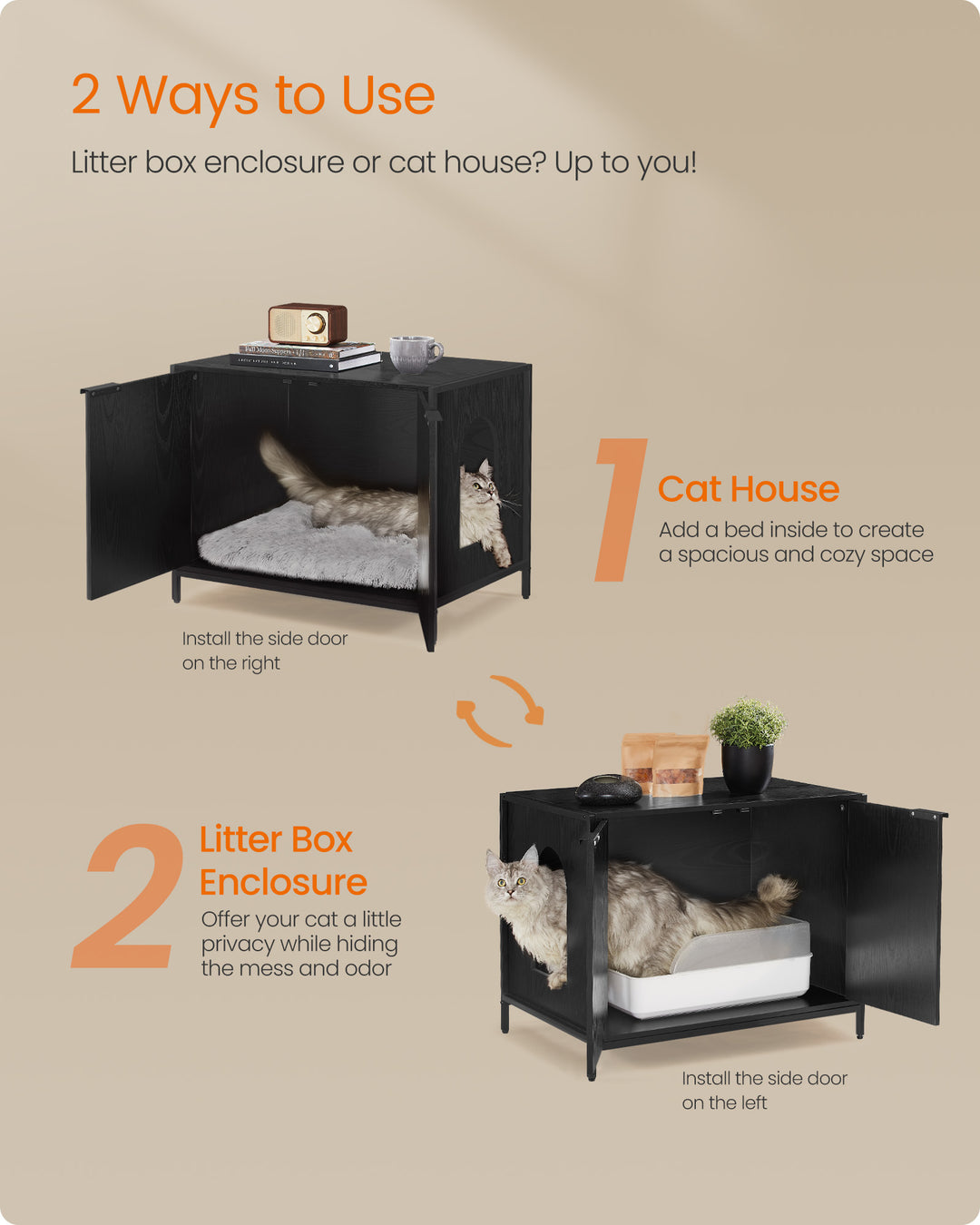 Litter Box Enclosure, Modern Cat Litter Box Furniture Hidden, Ebony Black