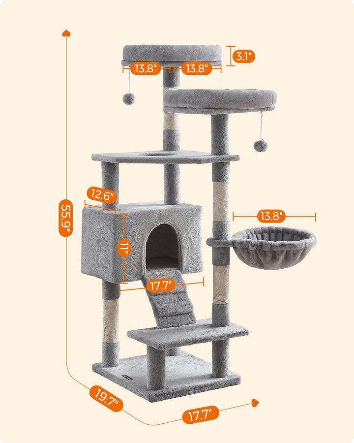 Large Grey Cat Tree Tower with Hammock & Pompoms