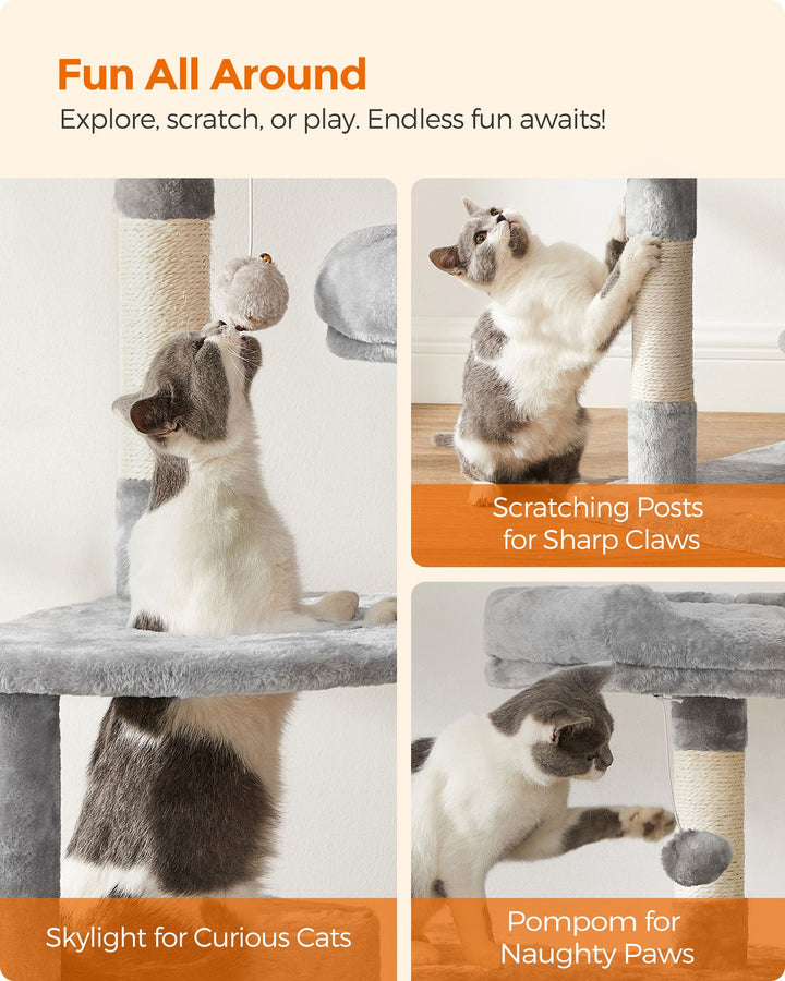 Large Grey Cat Tree Tower with Hammock & Pompoms