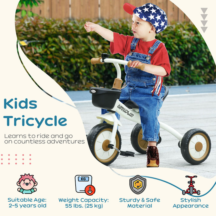 AIYAPLAY Kids Trike, Tricycle, with Adjustable Seat, Basket, Bell, for Ages 2-5 Years - White