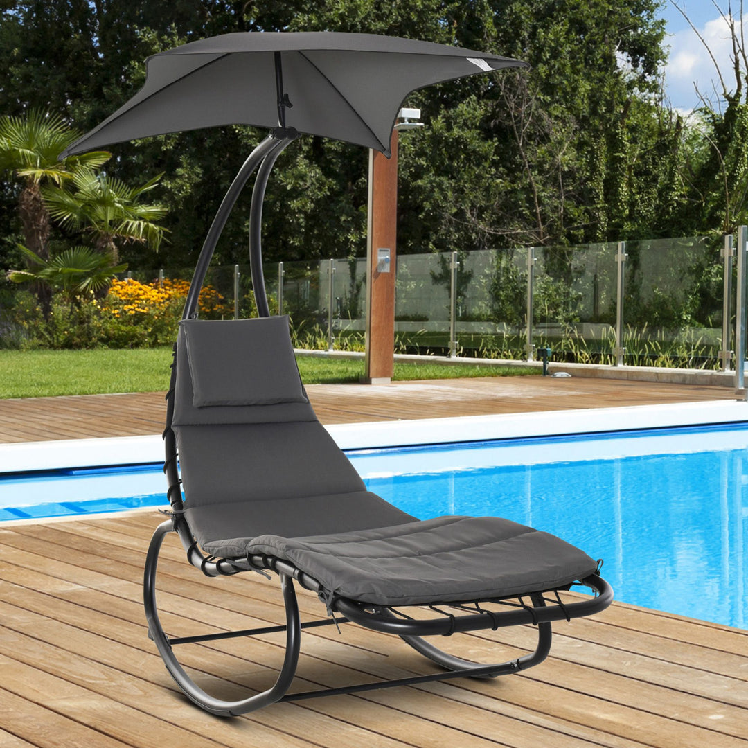 Patio Rocking Chaise Lounger Rocking Bed with Canopy Cushion Headrest Pillow