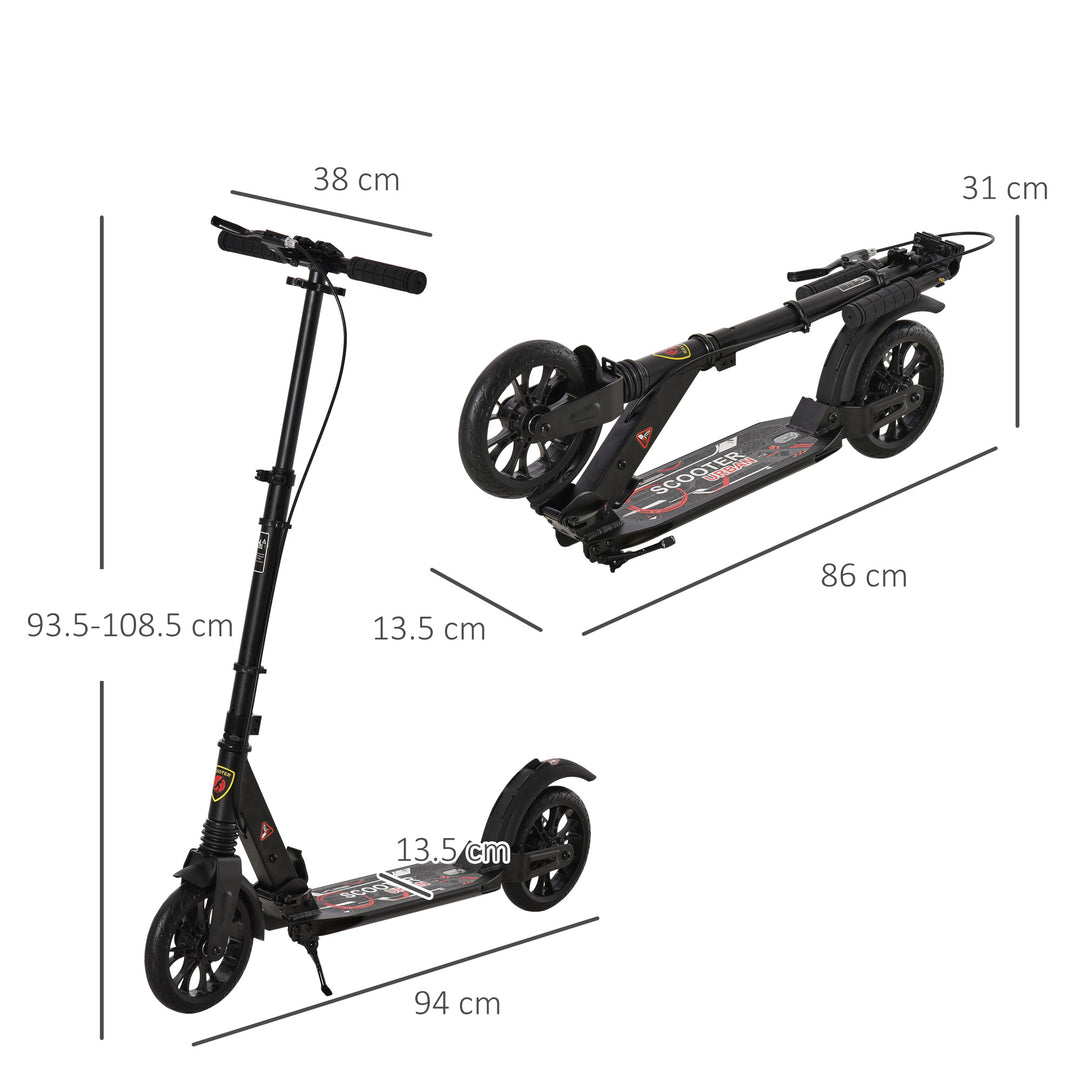 Adult Teens Kick Scooter Foldable Height Adjustable Aluminum Ride On Toy for 14+ with Rear Wheel & Hand Brake, Shock Mitigation System - Black