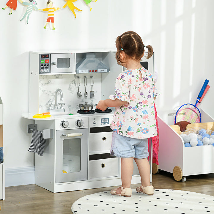 Toy Kitchen with Lights Sounds, Apron and Chef Hat, Ice Maker, Microwave, for 3-6 Years Old - White