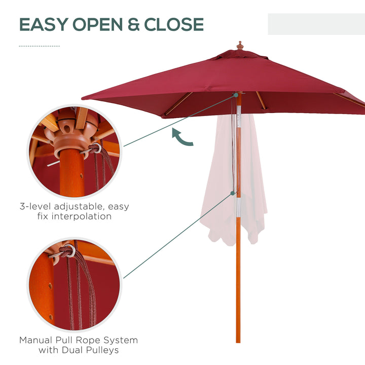 Outsunny 2 x 1.5m Patio Garden Parasol Sun Umbrella Sunshade Canopy Outdoor Backyard Furniture Fir Wooden Pole 6 Ribs Tilt Mechanism - Wine Red