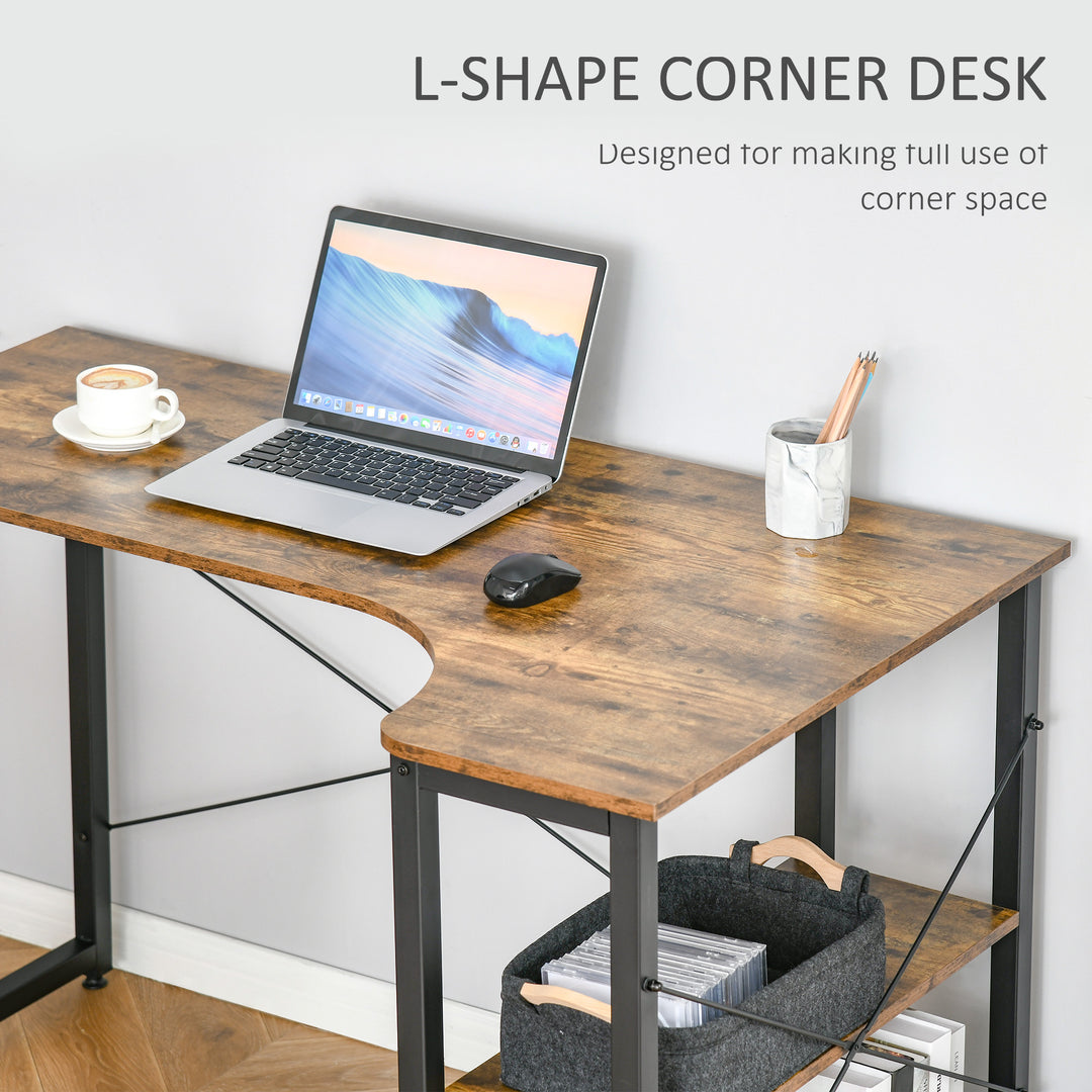 HOMCOM L-Shaped Computer Desk Home Office Corner Desk Study Workstation Table with 2 Shelves, Steel Frame, Rustic Brown