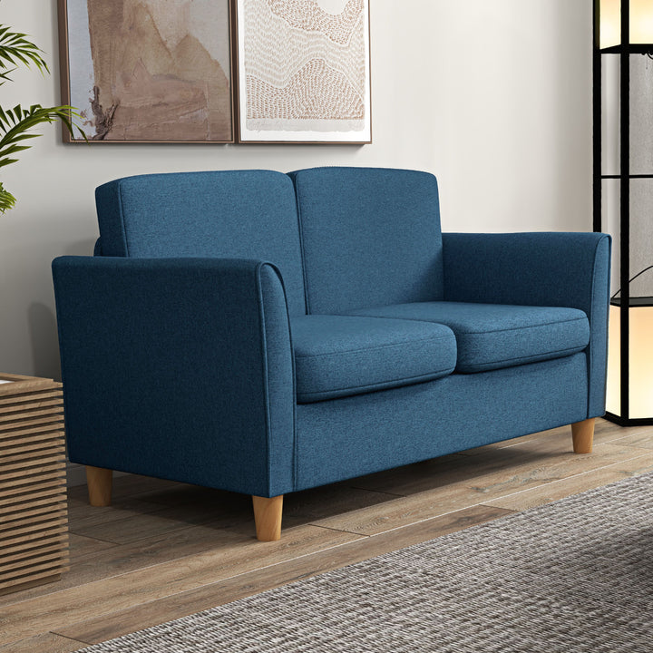 Compact Loveseat Sofa, Modern 2 Seater Sofa for Living Room with Wood Legs and Armrests, Blue