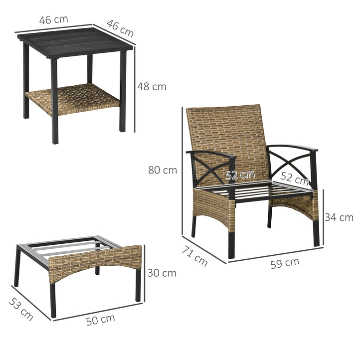 5 Piece PE Rattan Garden Furniture Set, 2 Armchairs, 2 Stools, Steel Tabletop with Wicker Shelf, Padded Outdoor Seating, Grey