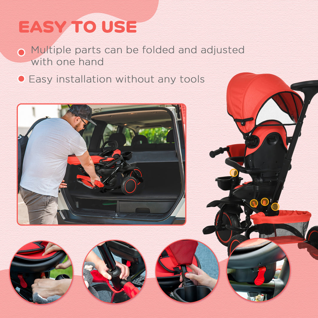 7-in-1 Tricycle for Kids, Baby Trike with Rotatable Seat, Adjustable Push Handle, Safety Harness Detachable Canopy Semi-reclining Footrest Red