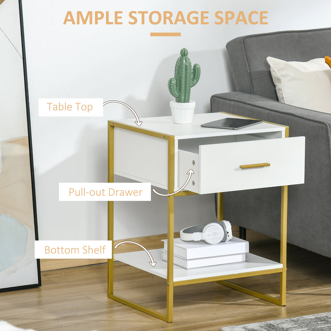 Modern Bedside Table, Bedside Cabinet with Drawer Shelf, Storage Organizer for Bedroom, Living Room, White and Gold