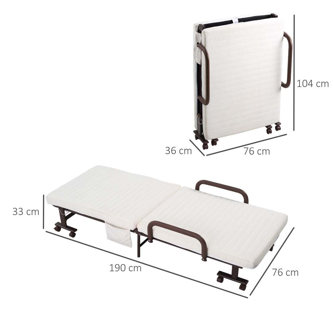 Folding Bed with 8cm Mattress, Portable Foldable Guest Bed with Adjustable Backrest, Metal Frame on Wheels, Brown