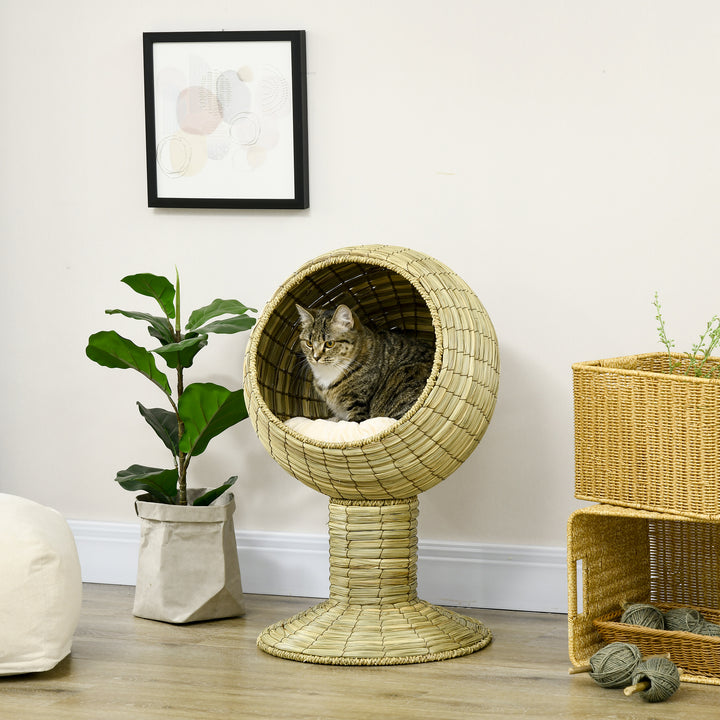 Raised Cat House, Natural Mat Grass Cat Bed, Kitten Cave with Stand Cushion, Detachable Top, Round, Yellow, Φ41x 71,5 cm