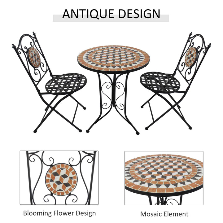 3 PCs Garden Mosaic Bistro Set Outdoor Patio 2 Folding Chairs &amp; 1 Round Table  Outdoor Metal Furniture Vintage