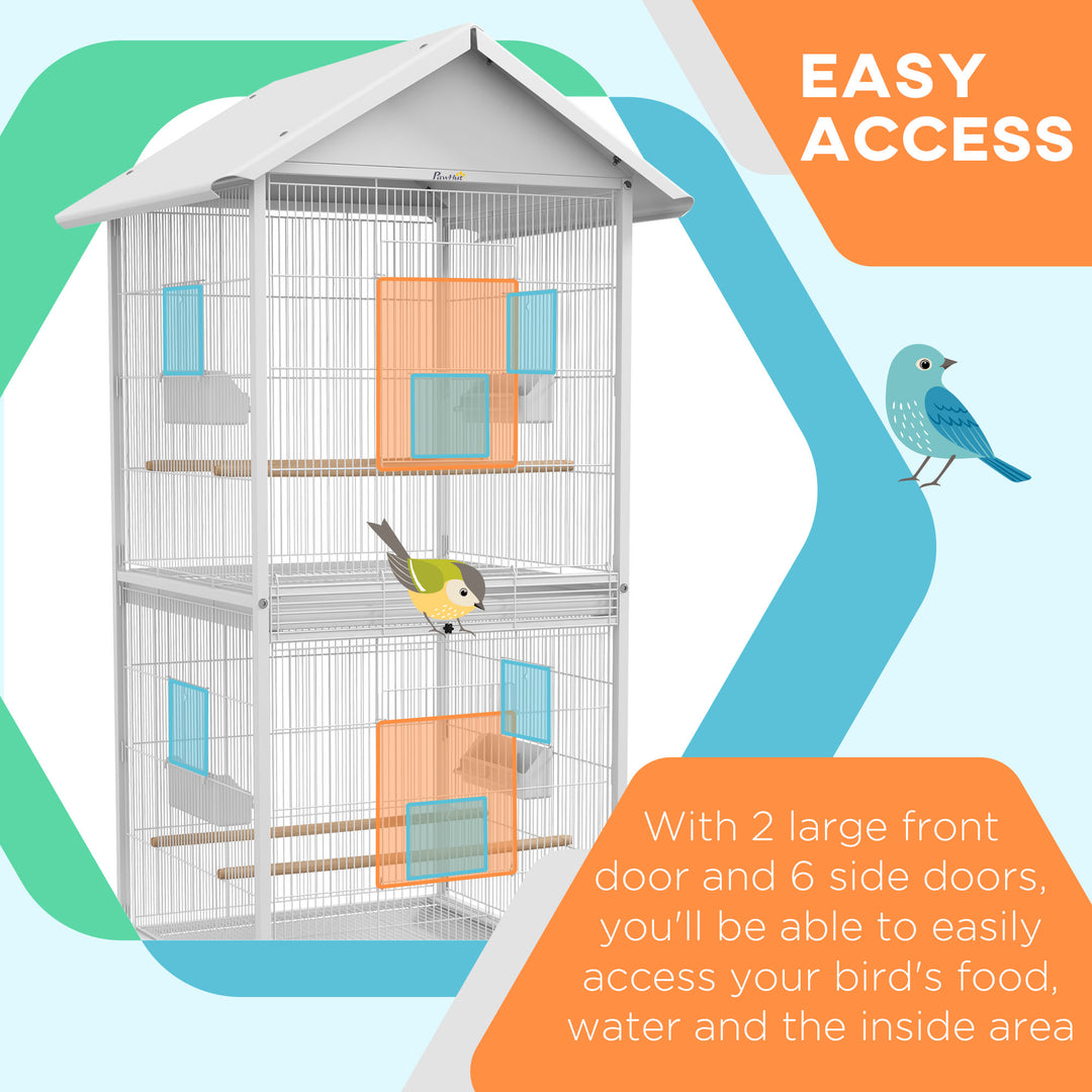 PawHut 170cm Metal Bird Cage Parrot Cage Mobile Feeder with Rolling Stand Perches Food Containers Doors Wheels White