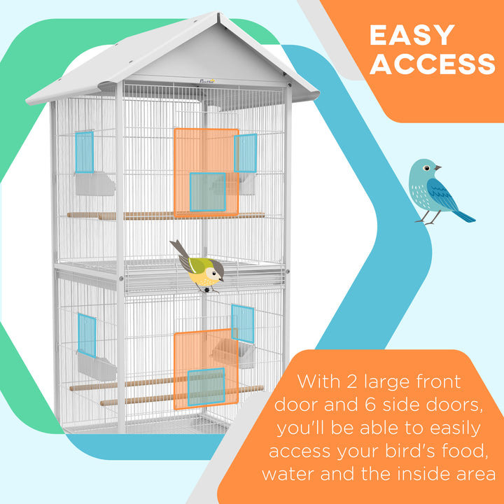 PawHut 170cm Metal Bird Cage Parrot Cage Mobile Feeder with Rolling Stand Perches Food Containers Doors Wheels White