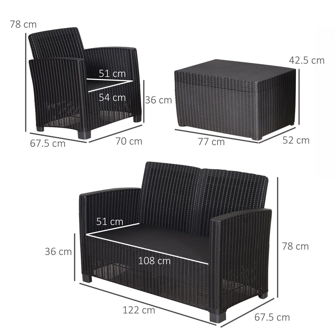 Garden PP Rattan Style Sofa Table Set 4 Seater Outdoor Patio 2 Single Chairs &amp; 1 Bench Conservatory Furniture Cushioned Black