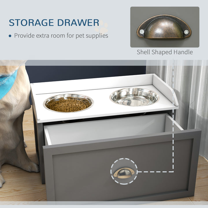 Stainless Steel Raised Dog Bowls w/ Storage Drawer-Grey