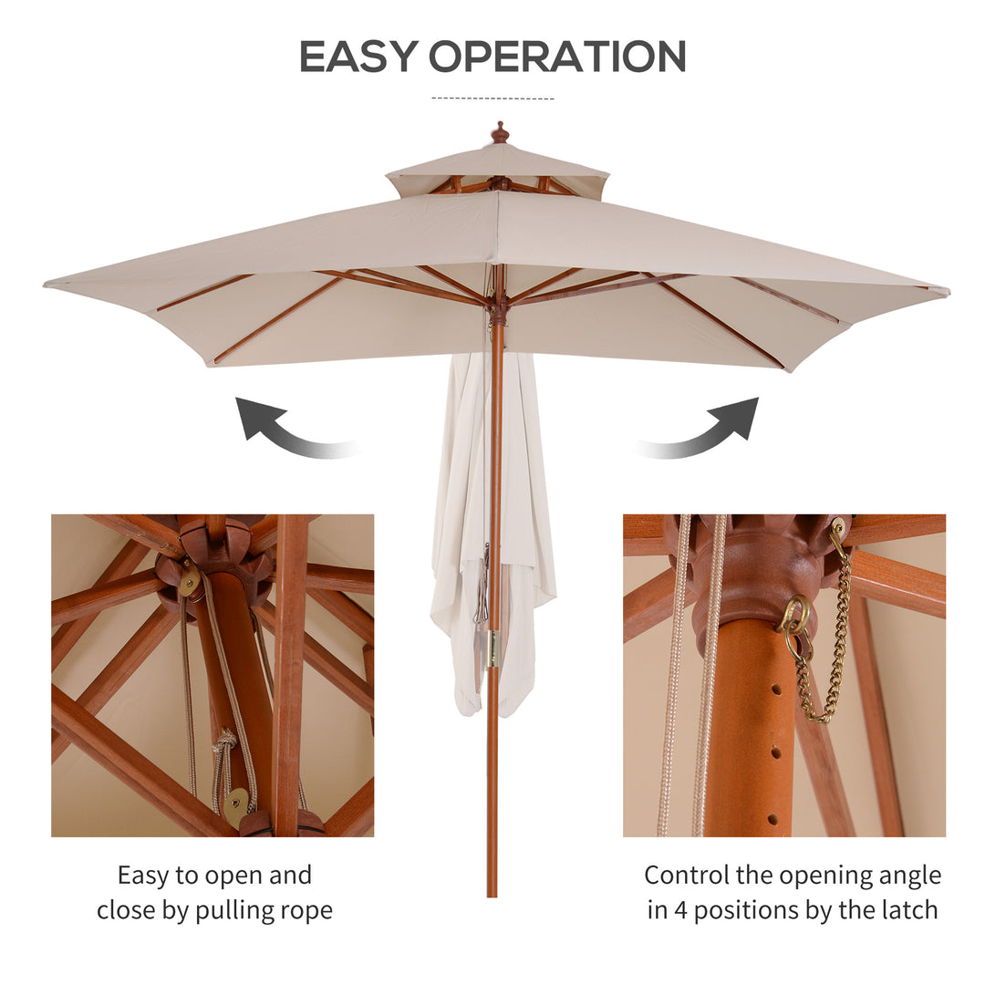 Beige Parasol Patio 3x3M Double Tier Garden Sun Umbrella Sunshade Outdoor Wood Wooden Canopy Tier